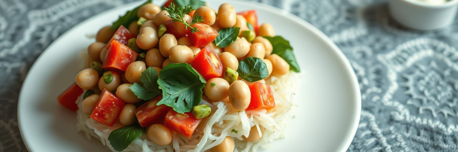 Colorful chickpea salad with fresh herbs on a white plate against a textured background
